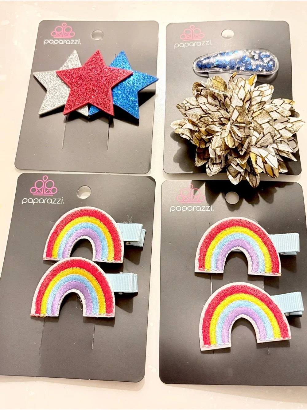 paparazzi Rainbow & Star Kids Hair Clip Set of 7pc- Red Blue Silver Gold Pink